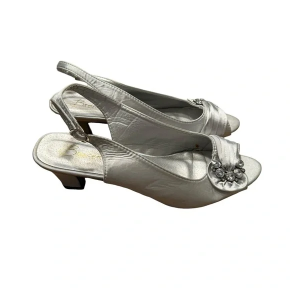 Beacon Womens Silver Satin Embellished Peep Toe Slingback Heels Size 85 - Picture 3 of 6